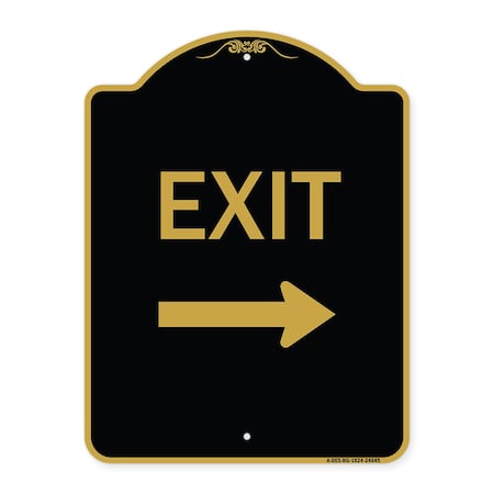 Designer Series Exit With Right Arrow 3, Black & Gold Aluminum Architectural Sign